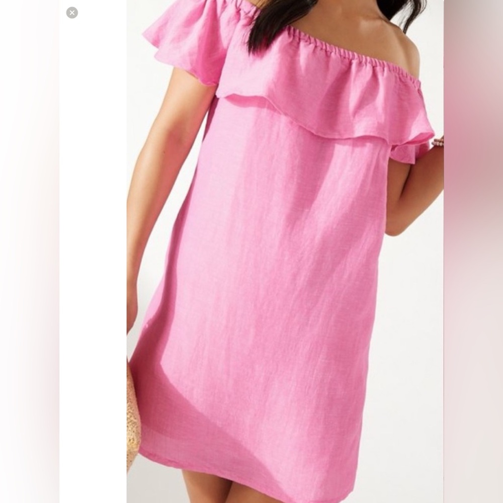 Tommy Bahama St Lucia  Linen mix Pink Ruffled Off-Shoulder Sundress .
